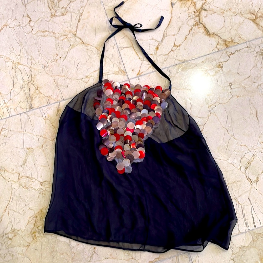 Vintage, one-of-a-kind, black see-thru halter top with fishtail sequins